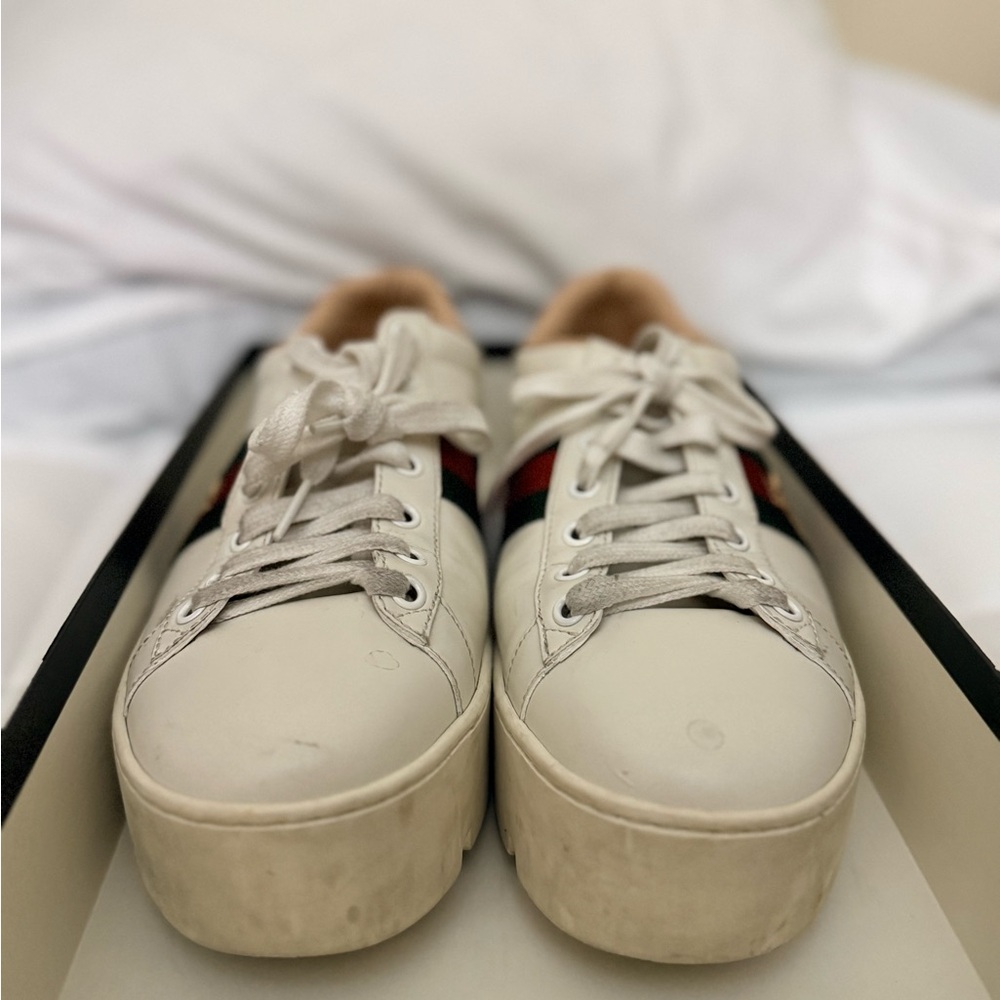 Gucci Calfskin Web Bee Embroidered Womens Ace Platform Sneakers 39 White - Picture 5 of 7